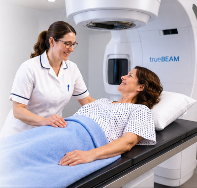 Woman receiving radiotherapy